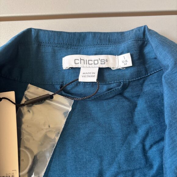 Chico's 2 Piece Suit Womens M Blue Short Sleeve Notch Lapel Slit Button NEW - Picture 6 of 10